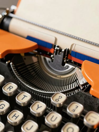 Tight, high-contrast macro shot of vintage typewriter keys striking thick cream paper, sharp sunlight casting graphic shadows, electric blue ink ribbon visible, 35mm