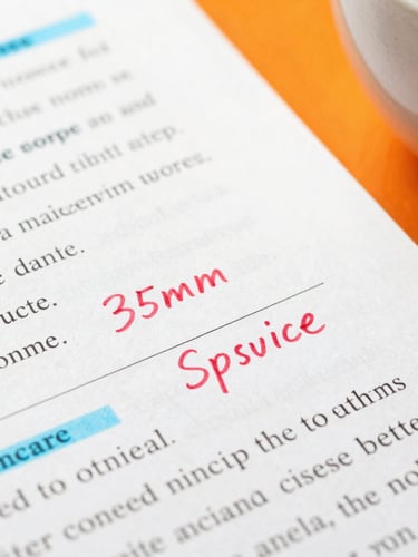 Macro shot of a script page with handwritten red ink notes, coffee cup, bright high-key daylight, energetic orange accents.