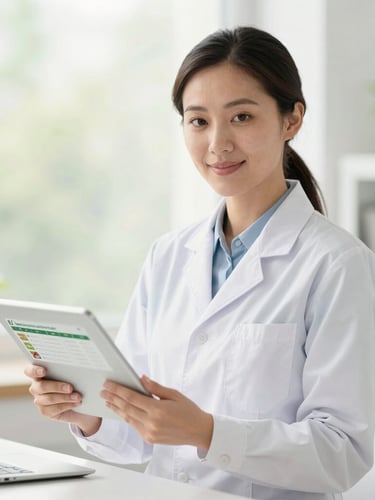 Approachable professional female dietitian in a bright sunlit office holding a tablet, showing a personalized nutrition chart, soft natural daylight, fresh green and clean white tones, shallow depth of field.