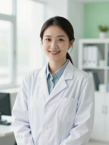Approachable dietitian in a bright sunlit office, smiling professional portrait, clean white environment, soft green accents, shallow depth of field