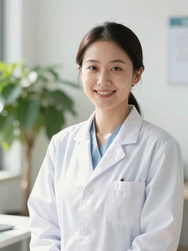 Approach-focused professional portrait of a smiling dietitian in a sunlit, bright modern clinic office, soft natural daylight, fresh green plant in background, clinical-editorial style
