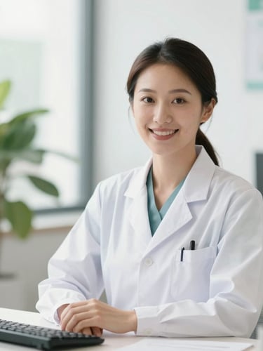 Approachable professional female dietitian in a bright, sunlit office, smiling, warm high-key daylight, fresh green and clean white tones, shallow depth of field