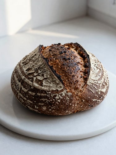 Close-up eye-level shot of a dark sourdough rye loaf on a plain white ceramic board, thick crust visible with natural cracks, cool north-facing window light falling from the left, no props, no garnish, clean light surface background