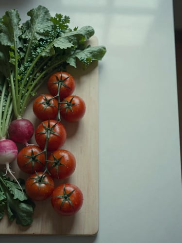 Overhead study of seasonal vegetables arranged on a pale cutting board under diffused north-facing window light — small tomatoes, a few radishes, leafy herbs, no styling props, cool neutral color temperature, generous negative space on the right side of the frame