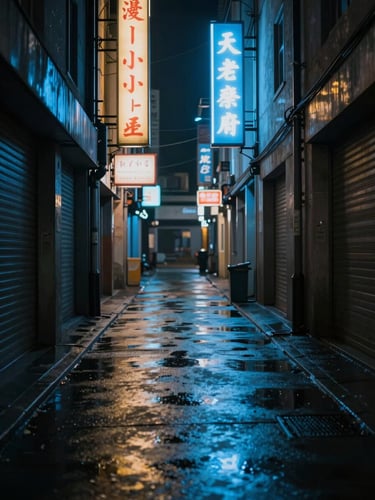 Wide cinematic rendered frame, photorealistic neon-lit urban environment at night, wet concrete reflecting cold blue and amber light from signage overhead, deep perspective down a narrow alley, left side of frame in shadow — final composite quality, no visible CG artifacts