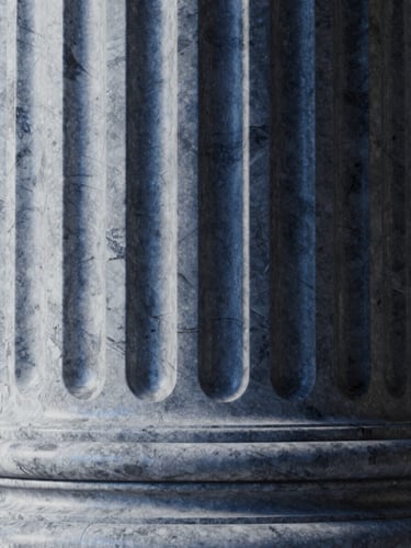 Close-up detail crop of a photorealistic 3D architectural surface render — marble column with subsurface scattering visible, cold steel-blue ambient light raking across the geometry from the left, deep shadow on the right edge, technically precise material study