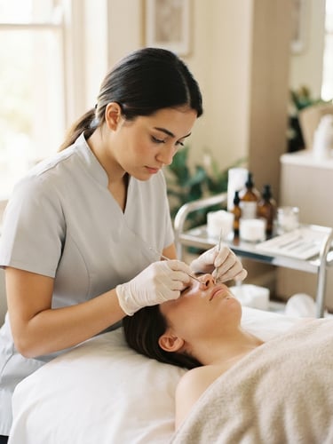 Bright editorial photography of a student performing a facial treatment, soft natural window light, warm neutral tones, crisp focus