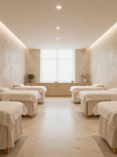 Wide environmental shot of clean, architectural beauty academy spa floor, travertine walls, minimalist treatment beds, soft diffused ring light