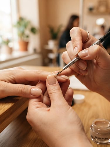 Bright editorial photography of a nail artist applying a precise gel overlay with a fine brush, soft natural window light, warm neutral tones, crisp focus, shallow depth of field.