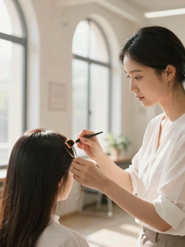 An instructor guiding a student as they apply advanced color highlights to a client in a sunlit, architectural academy space.