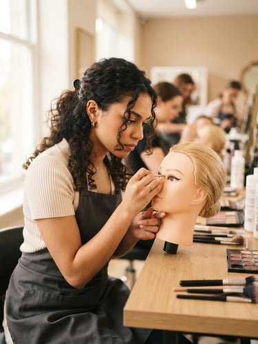 Bright editorial portrait of a beauty student focused on technical work, soft natural window light, warm neutral tones, crisp focus