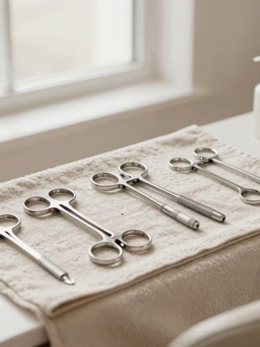 A clean, organized modern salon workstation with sterilized steel tools laid out on a soft linen towel, bright editorial photography, soft natural window light, warm neutral tones, crisp focus.