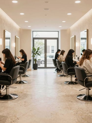 Wide environmental shot of a clean, architectural beauty academy salon floor, warm travertine walls, students working with clients under soft natural light