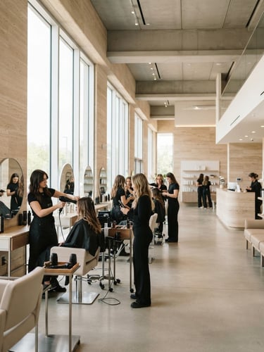 Wide environmental shot of a clean, architectural beauty academy interior with warm travertine walls, bright natural window light, and minimalist salon stations.