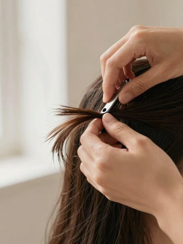 Close-up editorial shot of a student's hands precisely styling hair with professional tools, soft natural window light, warm neutral tones, shallow depth of field.