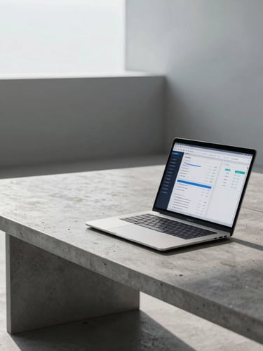 Ultra-wide environmental shot of a minimalist workspace, sharp cool daylight casting long shadows across a concrete desk with an open laptop showing analytical dashboards, clean architectural lines in the background.