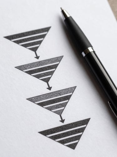 Macro close-up of a printed digital marketing funnel diagram on heavy textured paper, a sleek black pen resting beside it, sharp studio lighting, high-contrast monochrome tones.