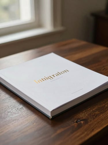 A thick printed institutional report book with gold typography on the cover, lying on an elegant dark wood table, soft side window light