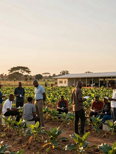Wide environmental shot of a modern agricultural training center in Africa, warm golden hour light, local professionals collaborating, 35mm