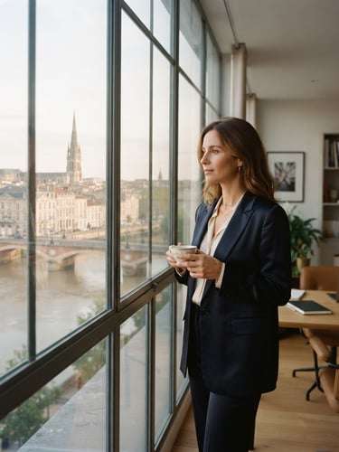 Elegant professional woman in a modern office in Bordeaux, looking thoughtfully through a window, soft natural light, editorial 35mm photography