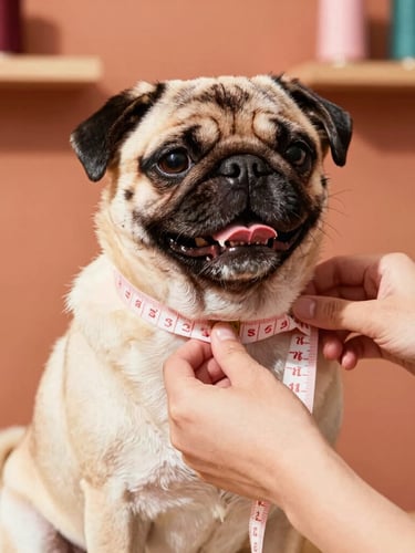 Close-up of a tailor's hands gently placing a soft measuring tape around a happy, calm pug's neck, warm natural daylight, vibrant terracotta workshop background, 35mm