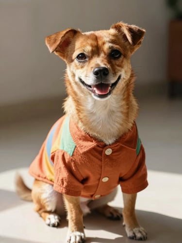 A happy small dog wearing a colorful handmade terracotta shirt, sitting comfortably indoors with warm daylight, eye-level shot, 35mm