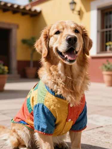 An eye-level shot of a happy golden retriever wearing a colorful handmade cotton shirt, sitting in a sunlit Mexican patio, vibrant warm daylight, 35mm
