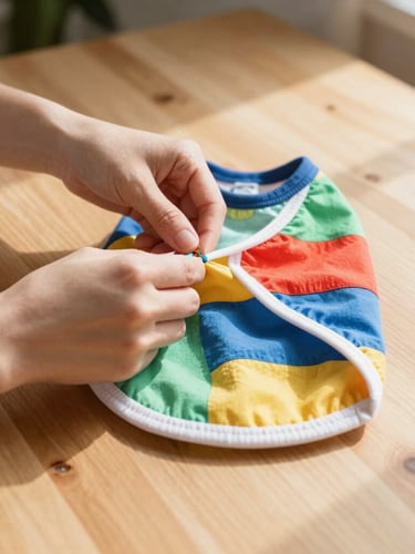 Warm indoor sunlight showing hands carefully stitching a colorful pet shirt on a clean wooden table, soft shadows, 35mm