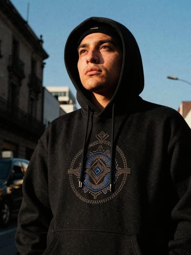 Low-angle heroic shot of a supporter in CDMX streets wearing a heavy cotton black hoodie with detailed embroidery, high-contrast urban golden hour, deep shadows