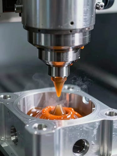 Macro close-up of a high-precision CNC milling machine carving an aluminum enclosure, sharp metallic textures, safety orange oil coolant mist, industrial daylight.