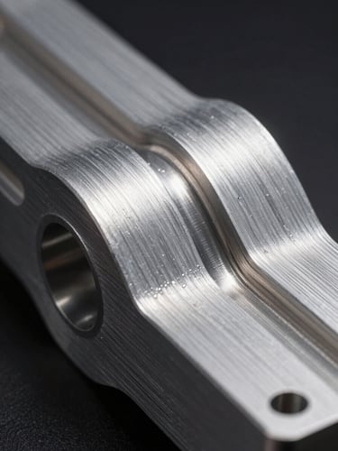 Macro close-up of a precision CNC milled aluminum enclosure, sharp studio spotlighting emphasizing metallic textures and physical form, high-contrast industrial style