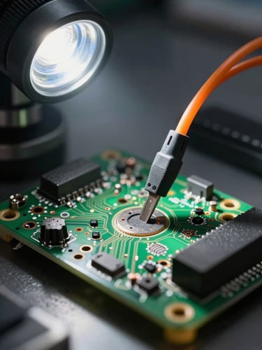 Macro close-up of a high-precision circuit board undergoing diagnostic testing under sharp studio spotlighting, orange test leads visible