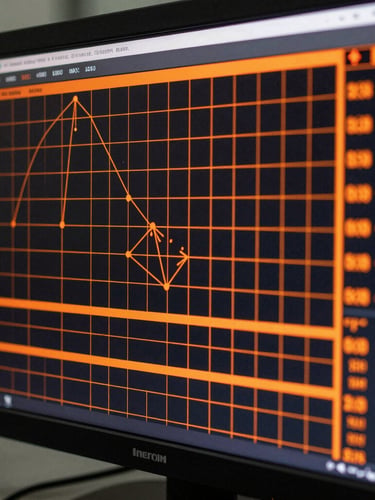 Macro close-up of high-contrast telemetry software interface on an industrial monitor, displaying real-time data streams and vector grids in safety orange.
