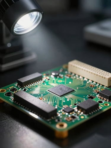 Close-up of a high-precision circuit board undergoing diagnostic testing under sharp studio spotlighting, metallic traces reflecting light.