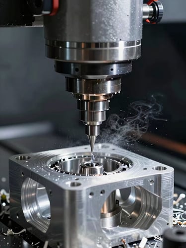 Macro close-up of a high-precision CNC milling machine cutting a custom aluminum enclosure, sharp metal shavings, cooling fluid mist, high-contrast spotlighting