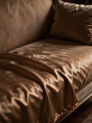 Artistic close-up of high-end silk linens on an elegant chaise lounge, warm bronze highlights, deep shadows, low-key lighting.