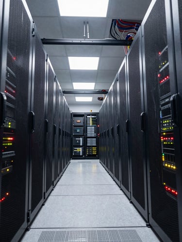 Wide environmental view of a modern data center corridor, rows of illuminated server racks receding into depth, cool white overhead lighting revealing cable runs and blinking status LEDs, shot from a low engineer's angle looking down the aisle
