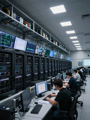 Wide panoramic view inside a large enterprise control room — multiple rack-mounted server arrays lit with cool white overhead floods, live monitoring screens displaying network topology and camera feeds, cable management trays visible overhead, operator workstations in the foreground, deep perspective receding to the right