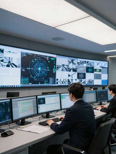 Wide environmental shot of a modern enterprise control room, a single figure in a dark blazer standing at a curved monitoring desk, multiple screens showing live network and surveillance dashboards, cool blue-white ambient lighting from the screens, architectural overhead floods, shot from behind at a slight angle to convey operational authority without showing a face