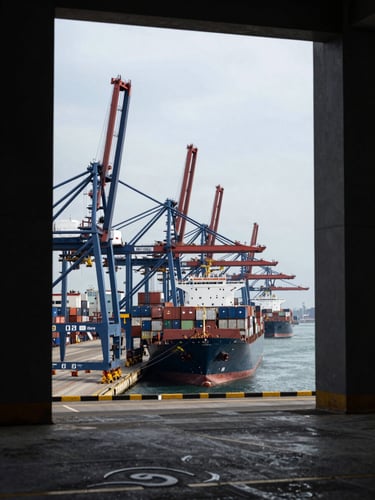 Wide panoramic shot of a bustling deep-water container port at cinematic daylight, cargo ships, cranes, deep navy and steel tones, architectural framing, high-quality editorial photography