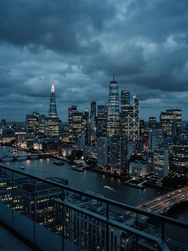 Wide panoramic view of a global financial district skyline at dusk, with architectural details and high-contrast shadows, deep navy and steel tones, 35mm