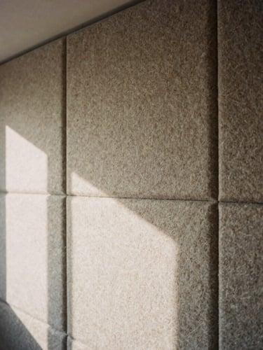 Close-up architectural shot of a modern studio apartment zoned with a heavy fabric soundproof panel, soft side lighting highlighting the rich wool felt texture.