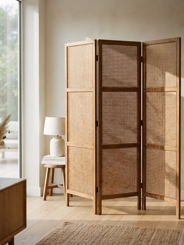 A tall portrait shot of a folding rattan screen casting soft afternoon shadows across a warm minimalist room, natural light, medium format film