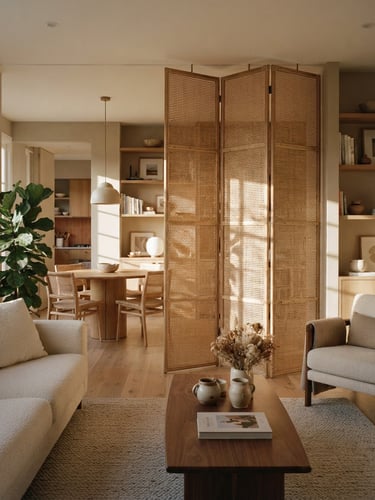 A beautifully zoned modern apartment at golden hour, soft directional afternoon sunlight casting subtle shadows through a structural rattan folding screen, medium format film style.