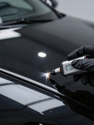 Macro close-up of a digital paint depth gauge measuring the clear coat of a gloss-black exotic car, gloved hand, sharp white LED reflections.