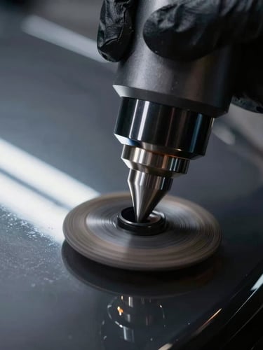 Extreme close-up of a polishing machine head on dark metallic paint, sharp neon-white LED light bars reflecting off the flawless gloss, black-gloved hand guiding the tool, 50mm.