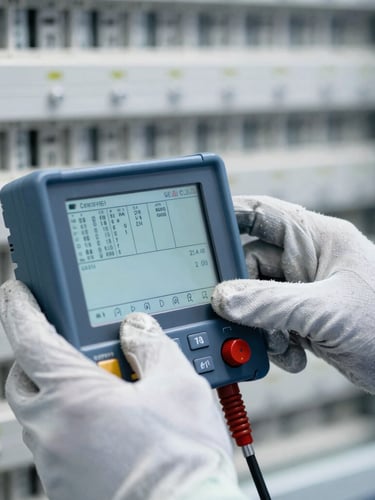 Detailed close-up of a certified electrical engineer's hands adjusting a precise digital measurement device, wearing clean technical work gloves, high-contrast daylight, sharp focus on the device screen showing monospaced numbers, no faces, industrial background.