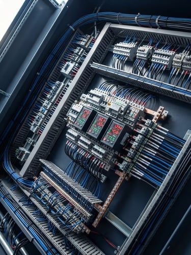 Close-up of a modern electrical panel with crisp, straight wiring and digital readouts, high-contrast daylight, sharp diagonal angle, deep navy and metallic tones.