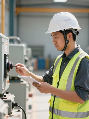 clean editorial photography, bright natural daylight, industrial safety accents, sharp focus, professional corporate realistic style. Side view of a safety inspector wearing a white hard hat and high-visibility vest, examining equipment in a clean, well-lit Chilean workshop.