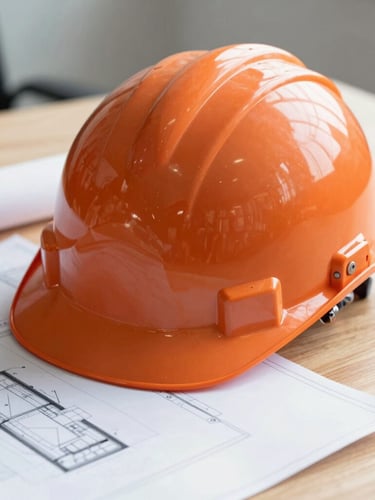 Close-up of a safety orange helmet resting on a clean wooden desk next to a blueprint, bright natural daylight, professional corporate realistic style